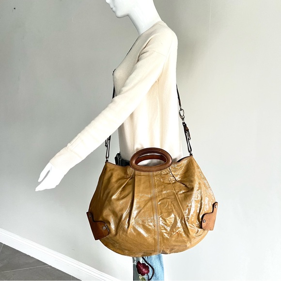 MARNI Balloon Dark Mustard Patented Leather w Brown Leather Top Handle Satchel - Picture 16 of 16